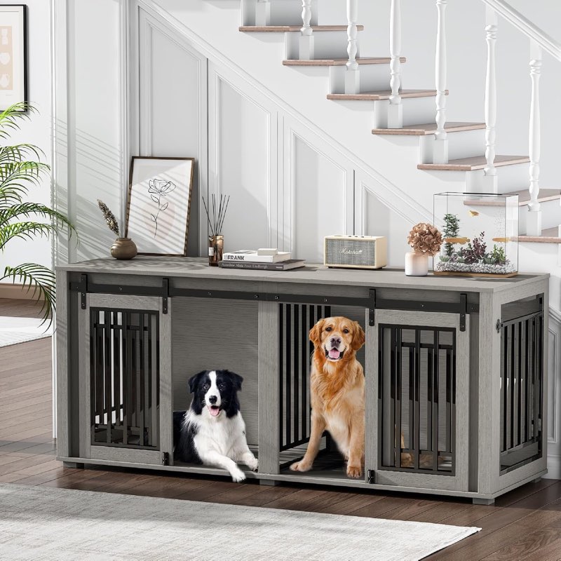 Large Dog Crate Furniture For 2 Dogs, Upgrade 71\" Pro Xxl Sliding Door Heavy Duty Dog Kennel Furniture With Divider, Steel Frame Indoor Double Dog Crate For Large Medium Small Dogs Color: Black (color may vary)