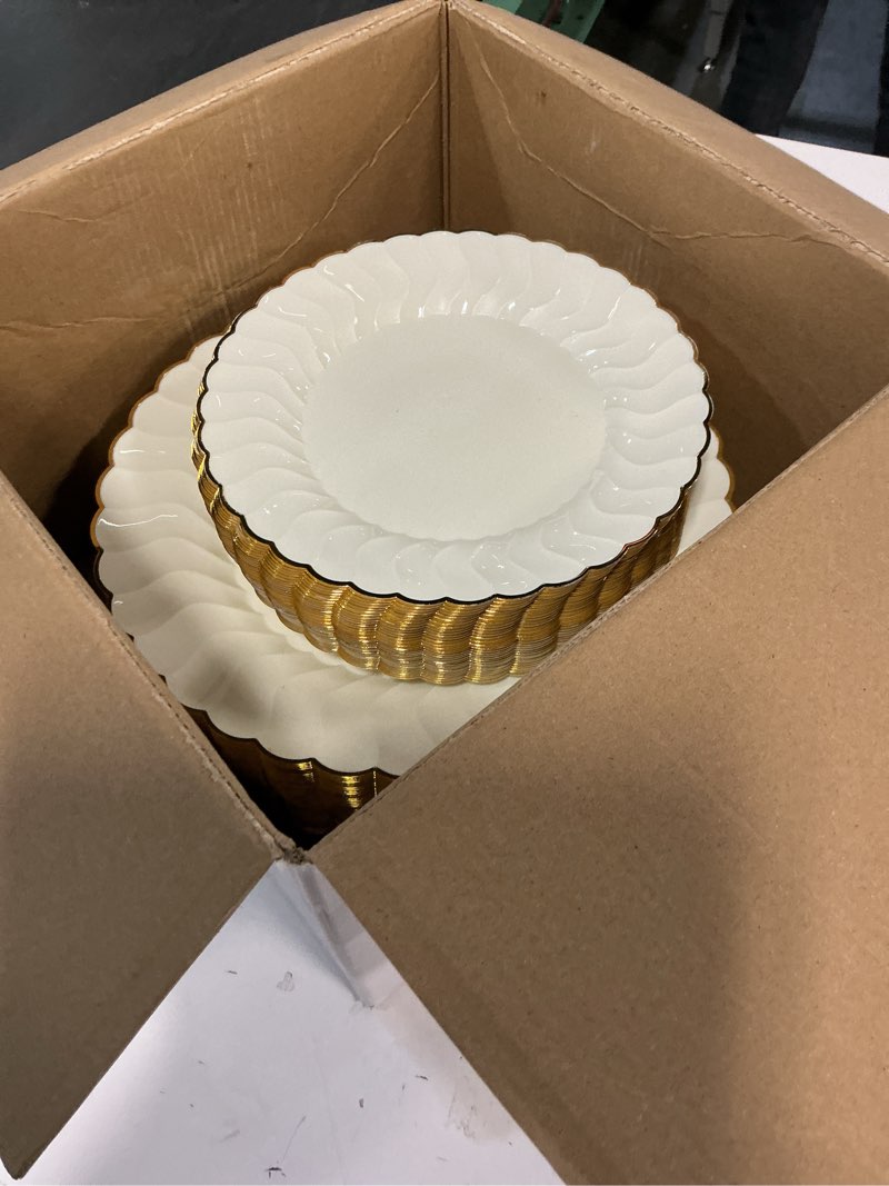 Condition photo showing Good Condition for Lullaby 96PCS Ivory Scalloped Plastic Plates with Gold Rim, Disposable Elegant Plates Include 48pcs Dinner Plate 10.25", 48pcs Dessert Plate 7.5", Perfect for Daily Use, Wedding and Party Ivory-96pcs