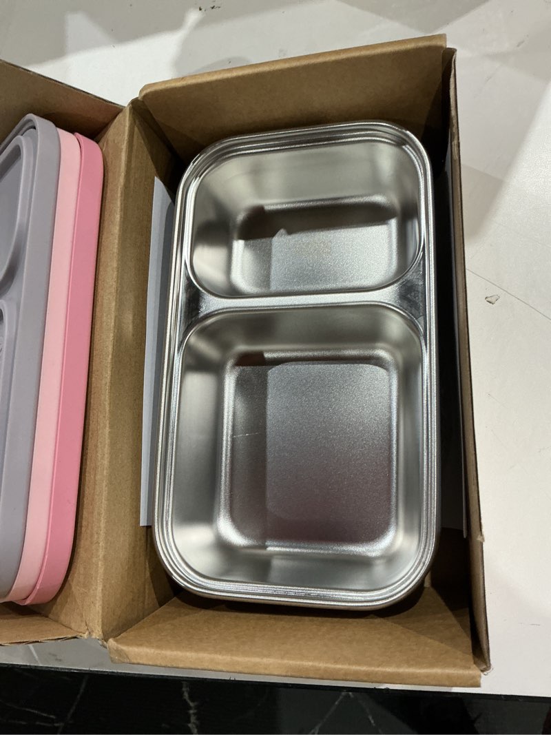 Condition photo showing Good Condition for 3 pack stainless steel snack containers with silicone lids, 2-compartment snack containers for lunch, office, travel & camping (muted lilac, blush pink, dusty rose)