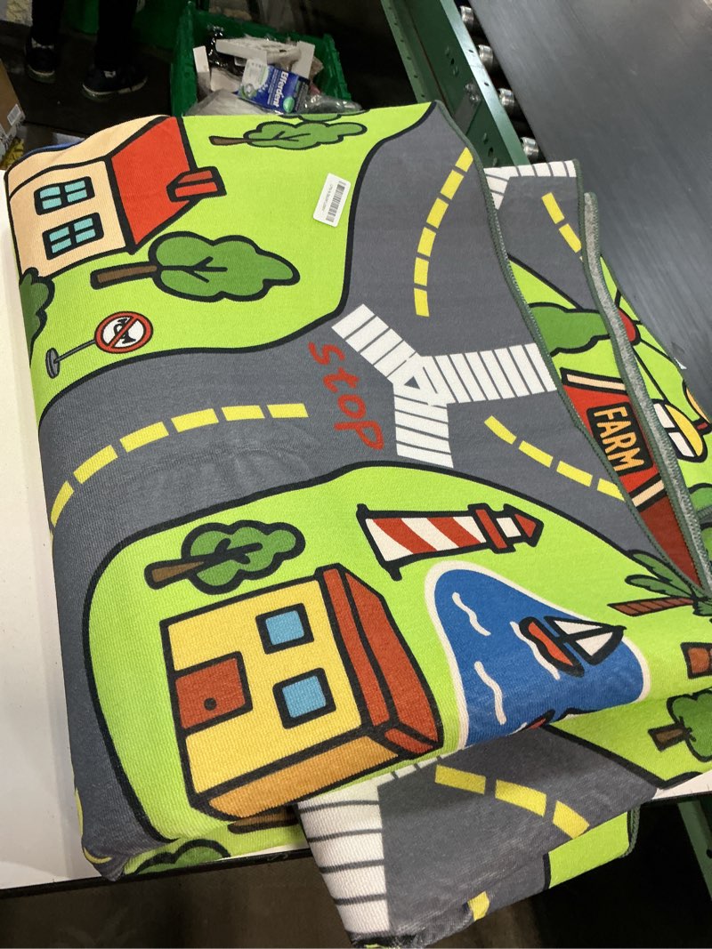 Condition photo showing As Is for upgrade ultra non slip kids car rug, kids road playmat rug for toy cars, educational town city map washable carpet for boys playroom bedroom, safer car track play mat for children toddler, 140"x84" grey green 7'x11.67'