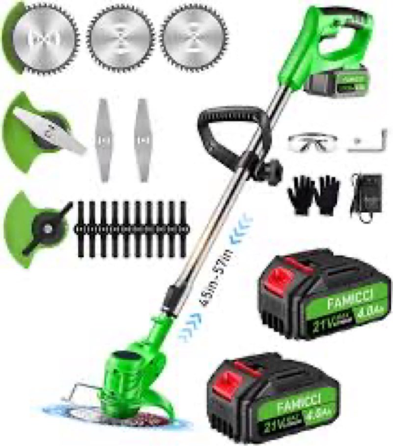 21v string trimmer cordless battery powered weed wacker, 2 x 2.0ah battery and a charger, brush cutt