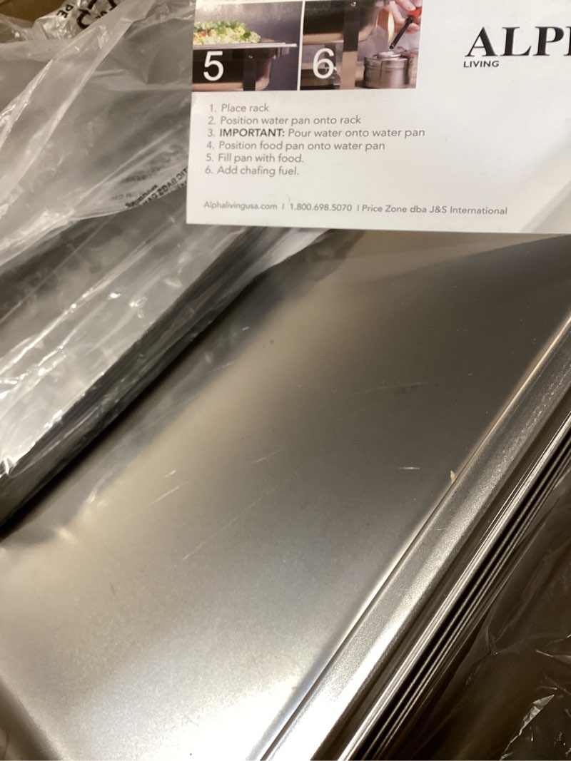 Condition photo showing As Is for chafing dishes for buffet 4 pack (7 pans + 7 utensils) - 9qt stainless steel chafing dish buffet set - food warmers for parties buffet - buffet servers and warmers, catering supplies buffet display 4 pack + 7 pans + 7 utensils