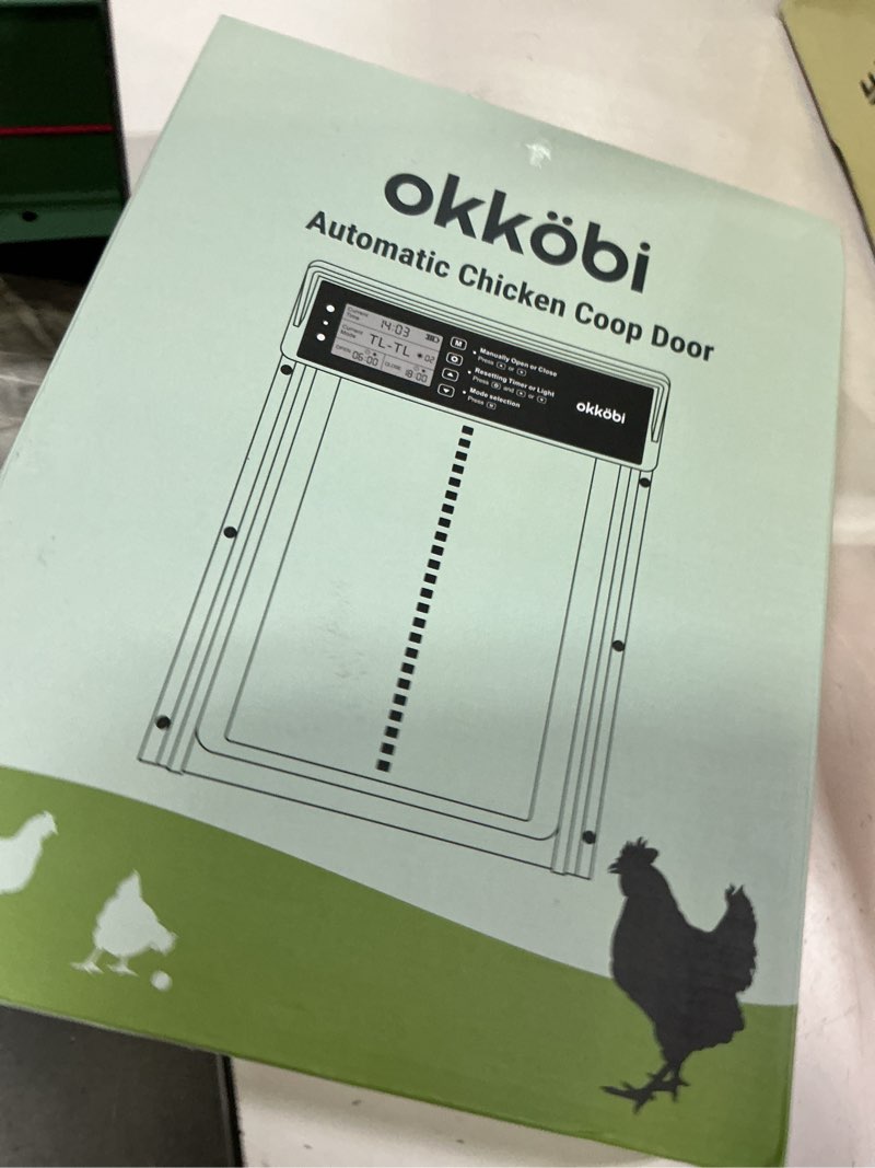 Condition photo showing New/Like New for okkobi automatic chicken coop door solar powered - lcd display - chicken coop door with remote control, light sensor & timer - anti-pinch function - 5-year protection - autumn ember