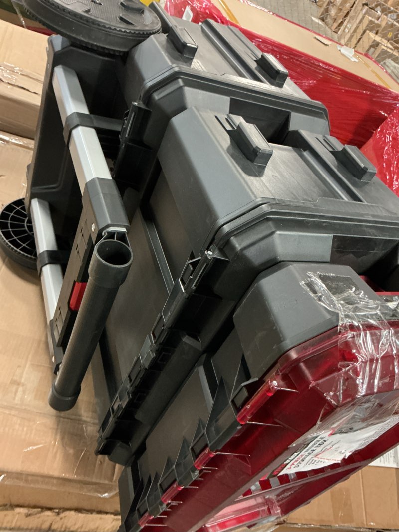 Condition photo showing As Is for hyper tough hyper stack heavy duty 3 piece modular rolling toolbox system, black