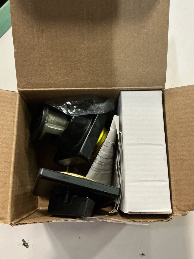 Condition photo showing As Is for kwikset 660 deadbolt lock, matte black square exterior keyed front entry door, pick resistant smartkey rekey security, single cylinder dead bolt matte black square new latch