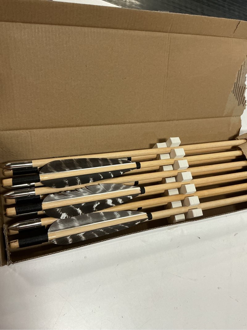 Condition photo showing As Is for 12 Pcs Archery Wooden Arrows with Feathers Handmade Targeting Arrows for Traditional Bow Recurve Bow Longbow for Adults 31inch Nature