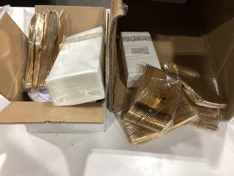 Condition photo showing As Is for bestvip 150pcs plastic dinnerware set (25 guests), gold disposable plates for party, wedding, christmas, anniversary, includes: dinner plates, dessert plates, cups, spoons, forks and knives gold 25 guests