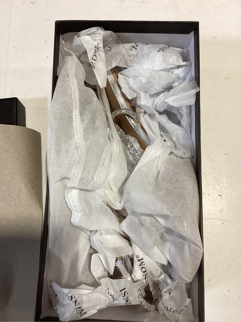 Condition photo showing Good Condition for isnom womens clear heels: bow rhinestone glitter wedding sandals-chunky heel for stability & elegance-adjustable ankle strap for formal events, parties, date nights & all occasions 8.5 bow silver