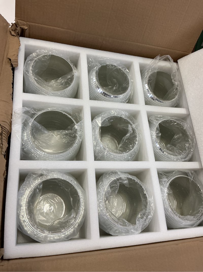 Condition photo showing Good Condition for 9 Pcs Disco Ball Vase,Glass Disco Ball Vases, Mirror Disco Balls,Candle Holder Vase,Disco Ball Decorations,Wedding Centerpieces,Birthday Parties,Bedroom,Office Decorations (5 x 6 inches)