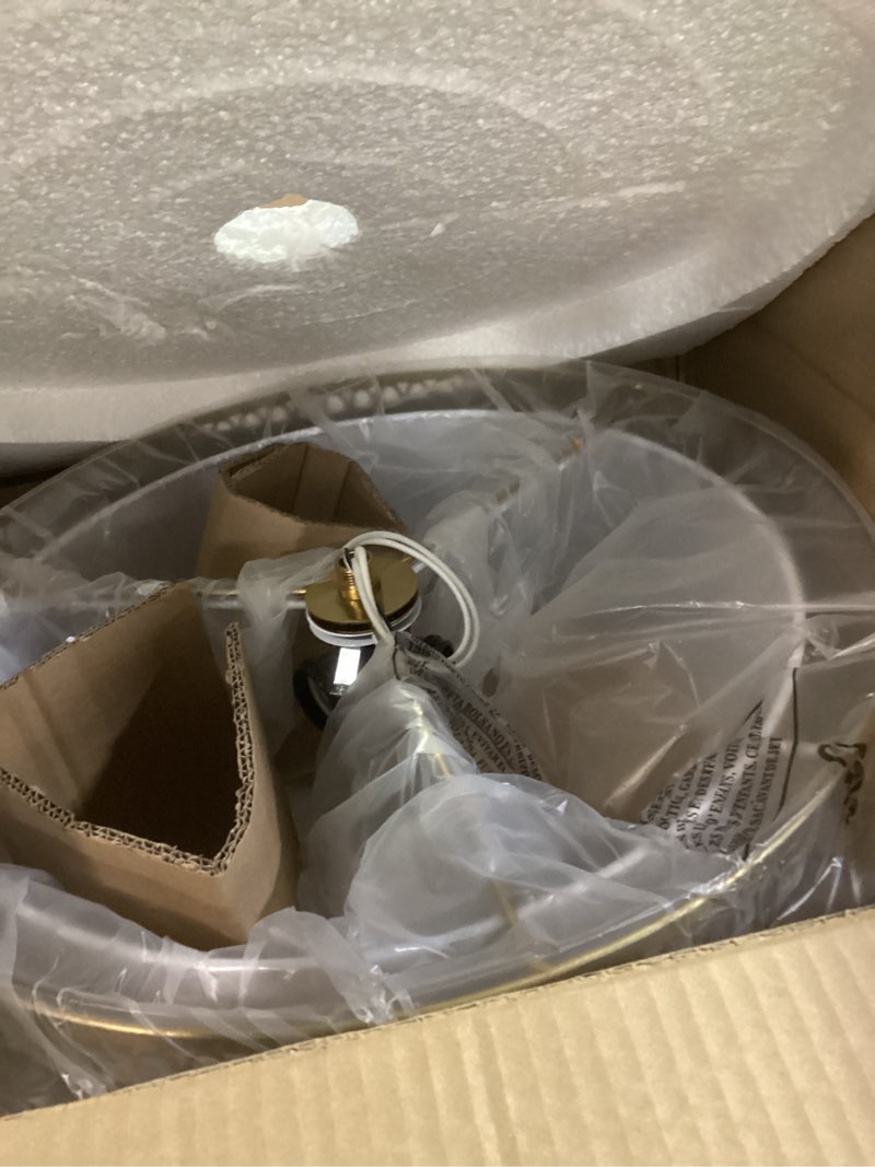 Condition photo showing Good Condition for 17" semi flush mount ceiling light fixture, 3-light gold light fixture, close to ceiling light fixture with white fabric lampshade and gloden iron mesh cage for dining room living room bedroom 17" brushed gold