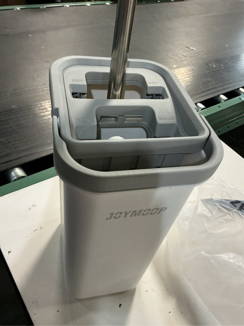 Condition photo showing As Is for joymoop flat mop and bucket system, microfiber mop for floor cleaning, white, suitable for hardwood, tile, laminate and vinyl floors, 50" mop with 1 microfiber pad white middle bucket #13 + 50" flat mop + 1 pad