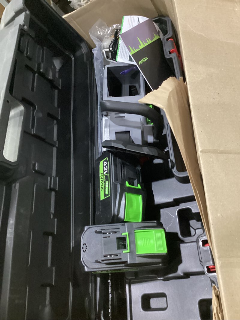 Condition photo showing As Is for electric chainsaw cordless, 42v 16 inch battery chainsaw with brushless motor and quiet superior cutting power, hand battery powered chainsaw for tree trimming wood cutting, 2 battery and charger silver