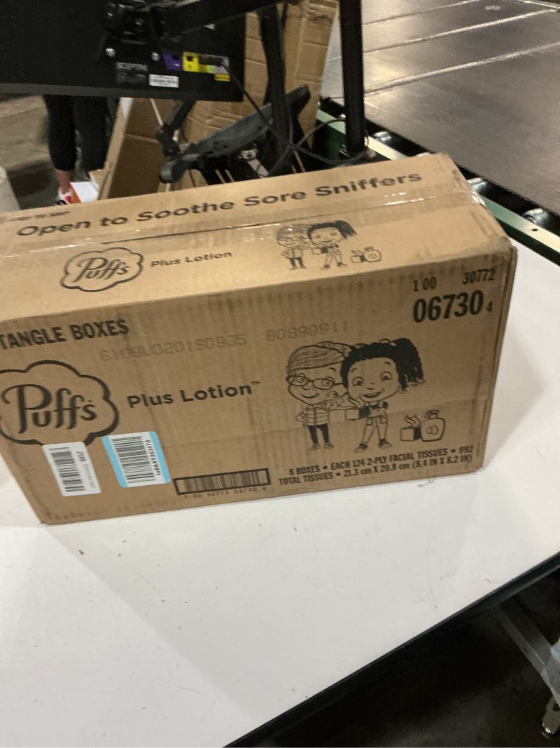Condition photo showing New/Like New for puffs plus lotion facial tissues, 8 family boxes, 124 facial tissues per box, allergies and colds 124 count (pack of 8)