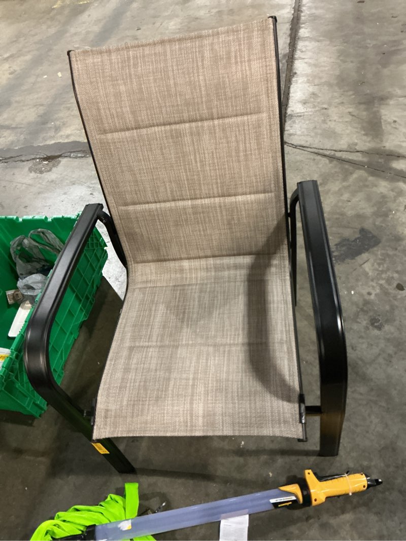 Condition photo showing Good Condition for style selections pelham woven stackable black metal frame stationary dining chair with tan sling seat