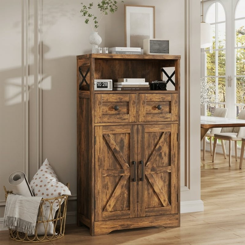 Farmhouse Storage Cabinet with Drawers and Shelves, Freestanding Kitchen Pantry Storage Cabinet, Floor Storage Cabinet Hutch Cupboard for Dining/Living Room/Home Office, Rustic