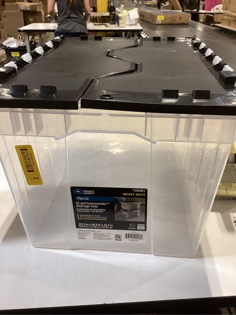 Condition photo showing Good Condition for project source medium 12-gallon (48-quart) clear base, black lid tote with hinged lid