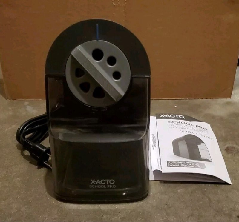 have one to sell? sell one like this sell something else  similar items see all  x-acto - school electric pencil sharpener - blue/gray new $28.89 + $4.95 delivery seller with 100% positive feedback    x-acto pencil sharpener, schoolpro electric heavy duty 1 count - black pre-owned $24.99 free delivery seller 99.6% positive   x-acto school pro break resistant electric pencil sharpener 1670x new w/ scratch