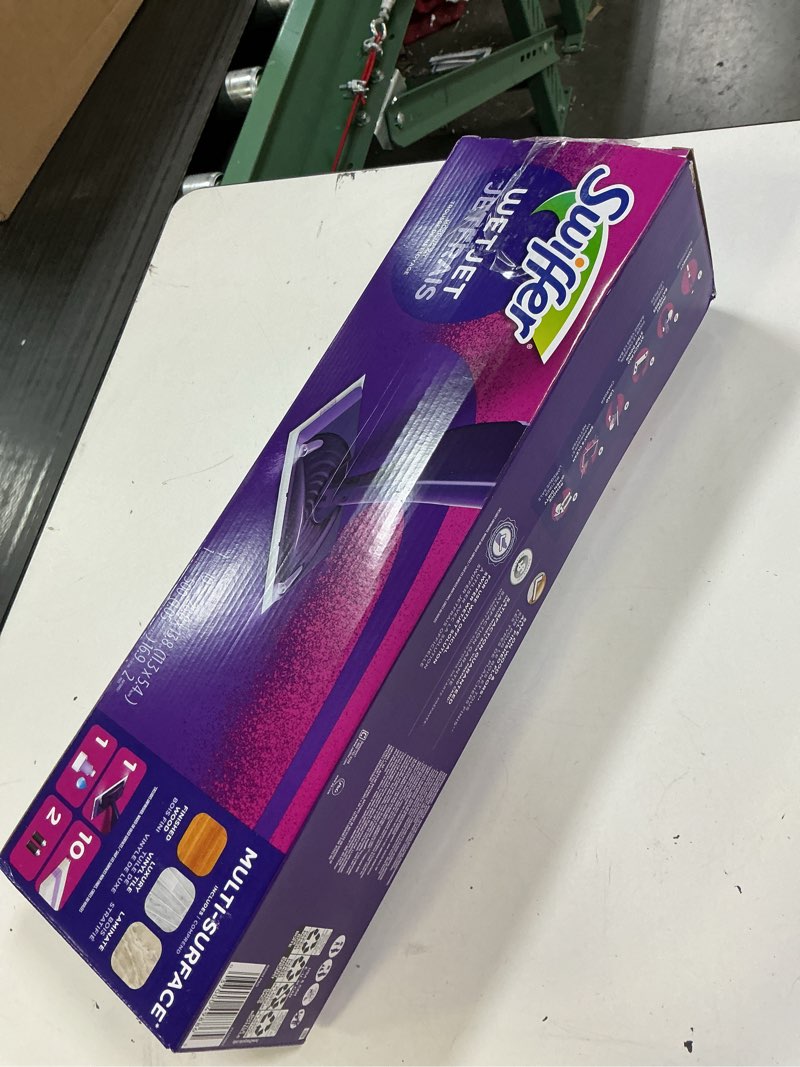 Condition photo showing New/Like New for swiffer wetjet hardwood and floor spray mop cleaner starter kit, includes: 1 power mop, 10 pads, cleaning solution, batteries 1 kit cleaner kit