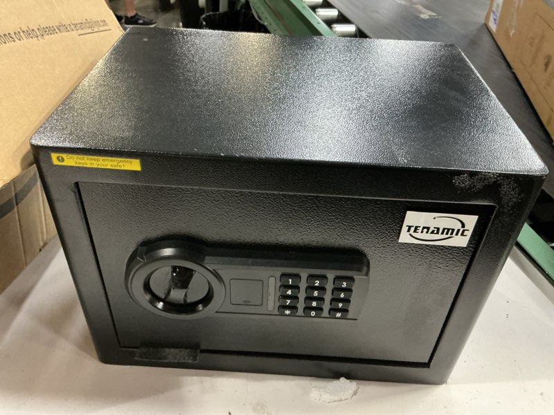 Condition photo showing As Is for tenamic safe box 0.8 cuft fireproof waterproof home safe, keypad small lock box cabinet safes, solid alloy steel office hotel home mini safe, black (keys missing )
