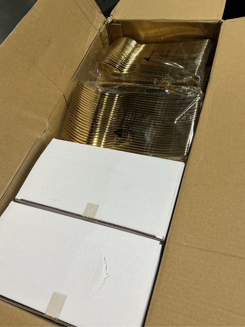 Condition photo showing Good Condition for bucla 600pcs clear plates with gold trim - clear gold dinnerware set disposable include 100 dinner/100 dessert plates, 100 knives, 100 forks, 100 spoons, 100 cups for wedding, party 100 guests without napkins clear gold
