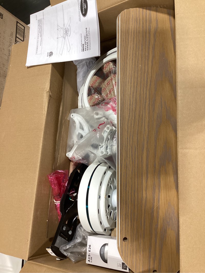 Condition photo showing As Is for harbor breeze armitage 52-in white with white/washed oak blades led indoor flush mount ceiling fan with light (5-blade)