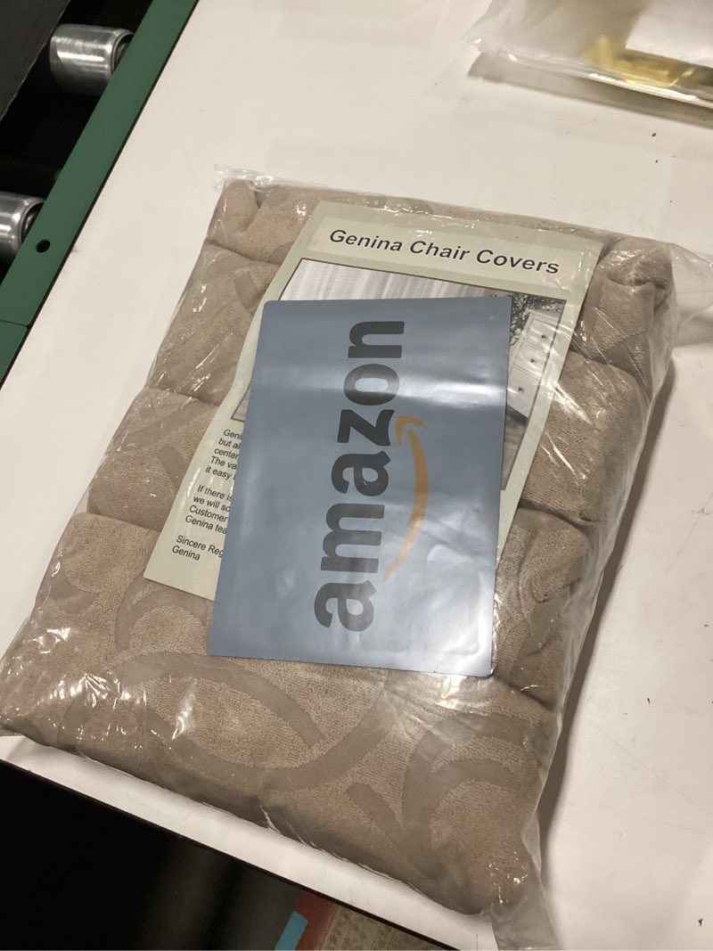 Condition photo showing New/Like New for Genina Waterproof Dining Room Chair Covers 4 Pack Stretch Parsons Chair Slipcovers for Dining Room Kitchen Chair Protector Cover, Removable, Washable (4, Flower Pattern-Khaki) Flower Pattern-khaki 4 Pack