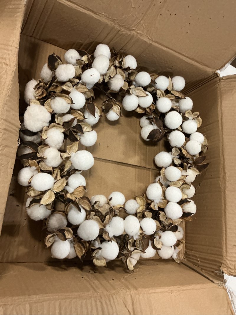 Condition photo showing As Is for nearly natural 20in. cotton ball artificial wreath