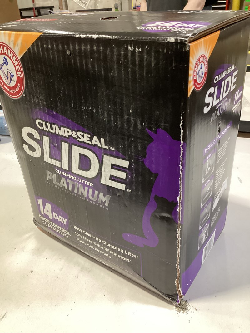 Condition photo showing New/Like New for arm & hammer clump & seal slide platinum multi-cat clumping cat litter, 14-day odor control, ez clean technology, 37 lbs – no scrubbing, powerful odor eliminator 37lb – frustration free pack slide platinum clumping litter