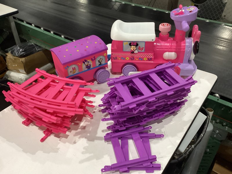 Condition photo showing Good Condition for kiddieland minnie ride-on train with track & caboose, motorized lights music, forward/reverse, storage cart, d-cell batteries included