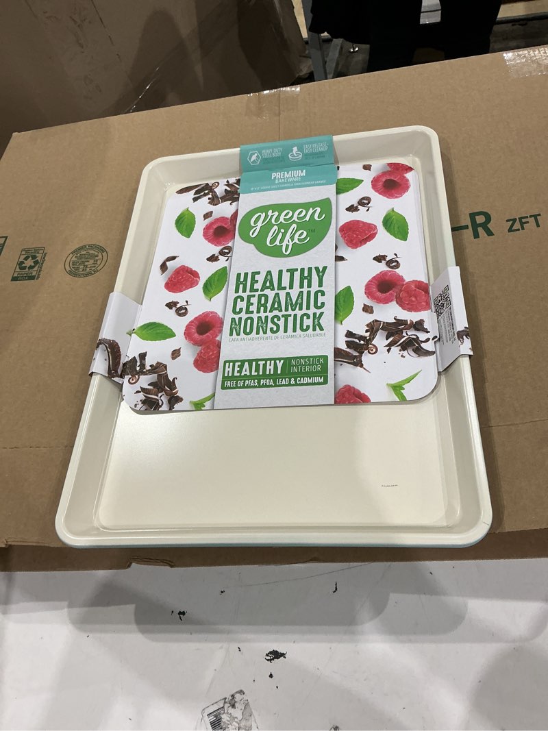 Condition photo showing New/Like New for greenlife bakeware 18” x 13” half cookie sheet baking pan, non-toxic pfas-free healthy ceramic nonstick, oven safe to 450°f, easy release, even heating, easy clean, turquoise 18" x 13" half baking sheet turquoise
