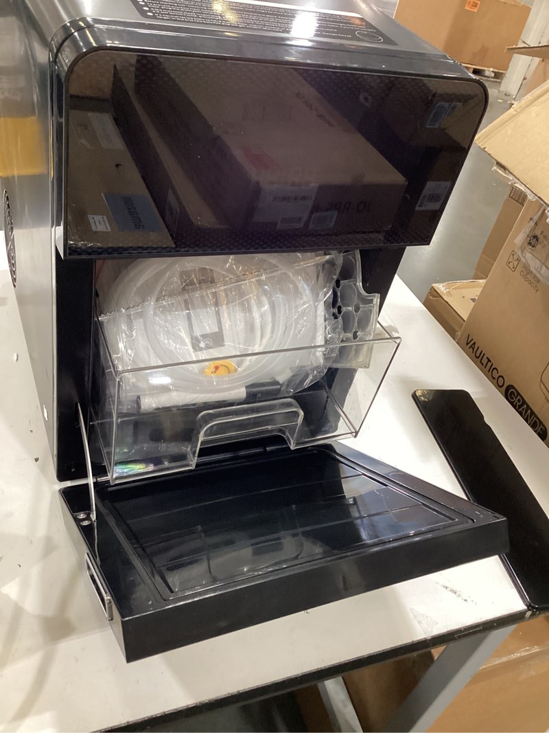 Condition photo showing As Is for ecozy 2.4" clear ice ball maker countertop with crystalflux technology, 3 pcs in 45 mins, 96 pcs/day, sphere ice maker with automatic water supply, self-cleaning, enhanced insulation for whiskey bar black