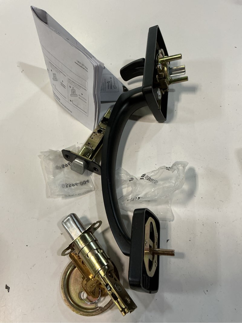 Condition photo showing As Is for brentford matte black single cylinder door handleset with sora door knob featuring smart key security