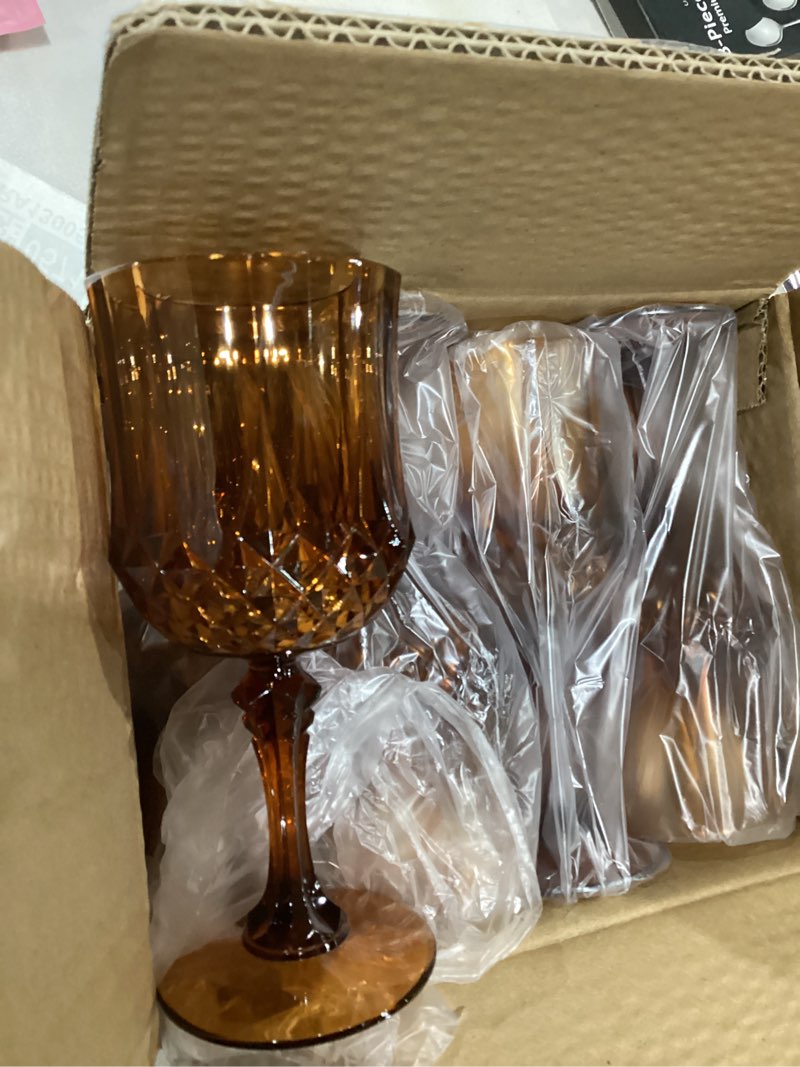 Condition photo showing Good Condition for xkxkke 12 pcs amber plastic wine glasses, plastic water goblets for parties, stemmed drinking glasses for wedding reception, grand event party bar supplies reusable drinking cups amber 12
