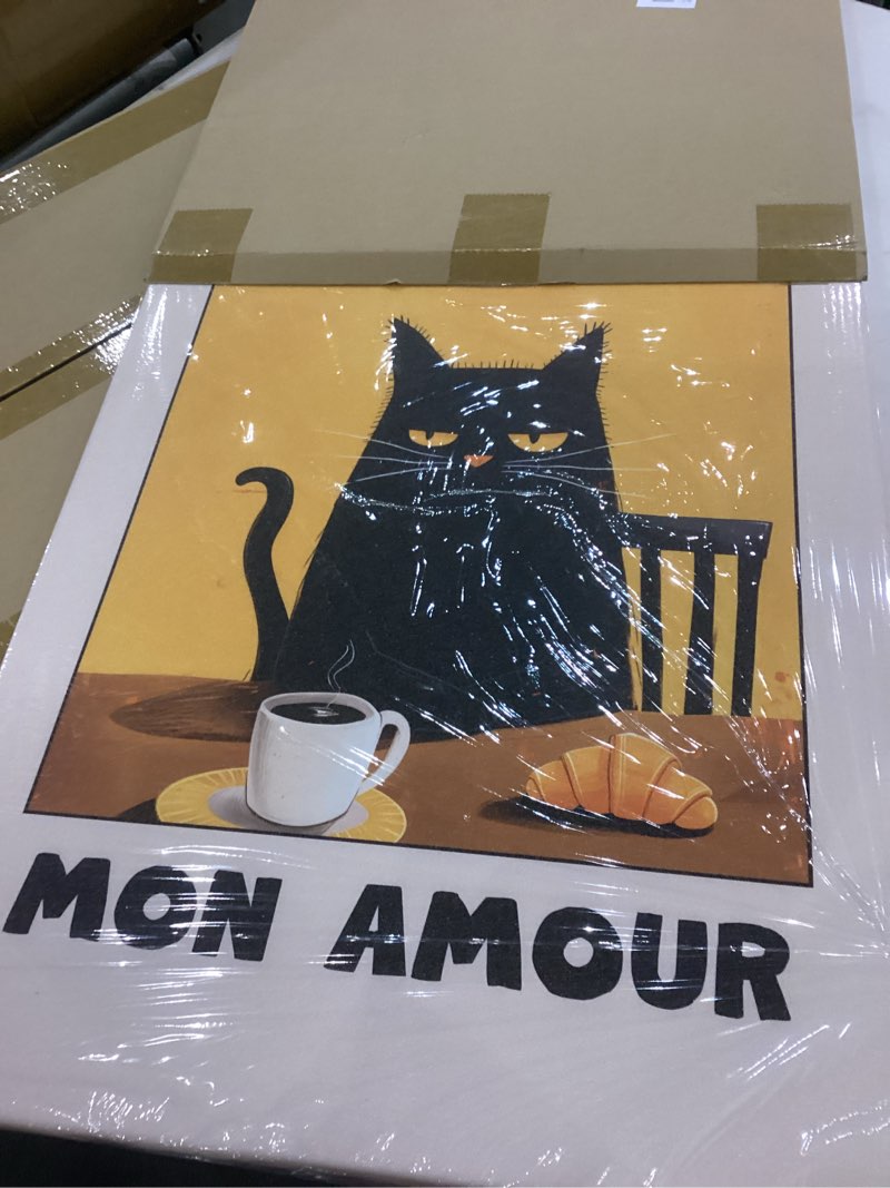 Framed Fun Black Cat Canvas Wall Art Vintage French Cat Abstract Drinking Coffee Picture Cute Retro 