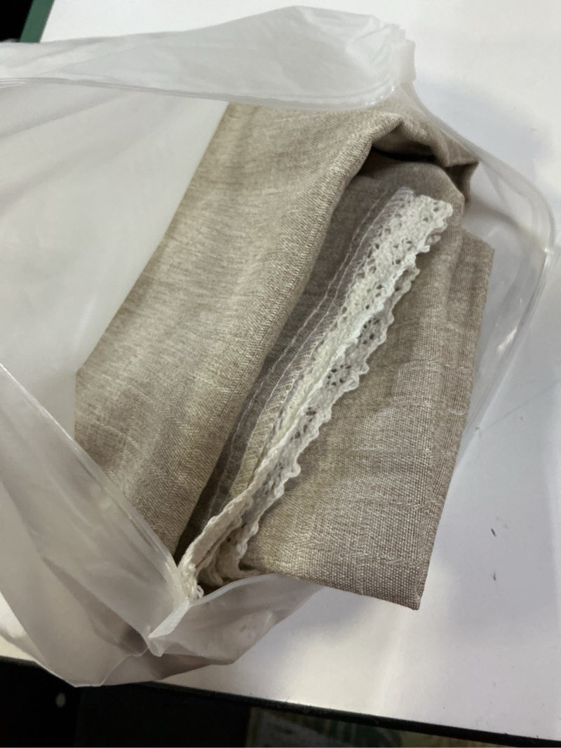 Condition photo showing Good Condition for lace trim tablecloth linen-look textured rustic style machine washable solid heavy weight rectangle/oblong table cloth cover for kitchen dinning tabletop decoration 55x102 in beige 102" x 55" (rectangular) beige