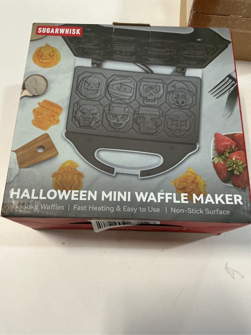 Condition photo showing New/Like New for Spooky Mini Waffle Maker for Kids, Mini Pancake Maker Machine, Electric Small Waffle Iron, 8 Fun Character Waffle Maker, Gift for Christmas Halloween, White
