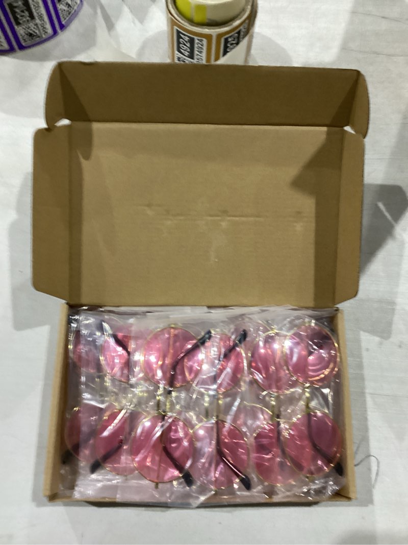 Condition photo showing New/Like New for Kanayu 24 Pair Hippie Sunglasses Vintage 70s Circle Sunglasses for Women Men Hippie Party Decorations Retro Round Sun Glasses Pink