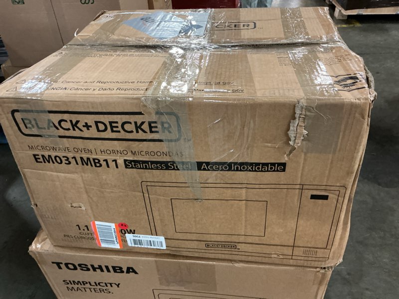 Condition photo showing As Is for BLACK+DECKER EM031MB11 Digital Microwave Oven with Turntable Push-Button Door, Child Safety Lock, 1000W, 1.1cu.ft, Black & Stainless Steel, 1.1 Cu.ft