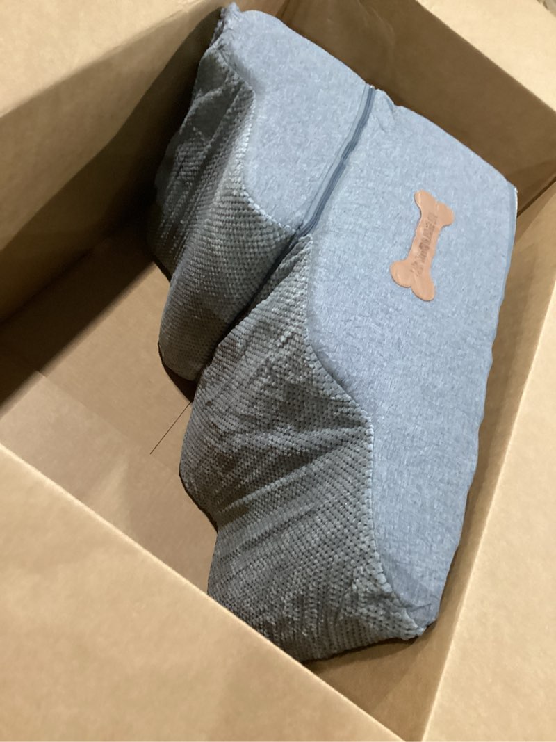 Condition photo showing As Is for Dog Stairs 4 Steps for Small Dogs and Cats to Get on High Beds, Couch or Car, Pets Can Climb, Sit, Lie Down or Perch to Look Out Windows on The Spliceable Ramp, Provides Support, Grey?19" H? Fleece Dark Grey 4-Steps