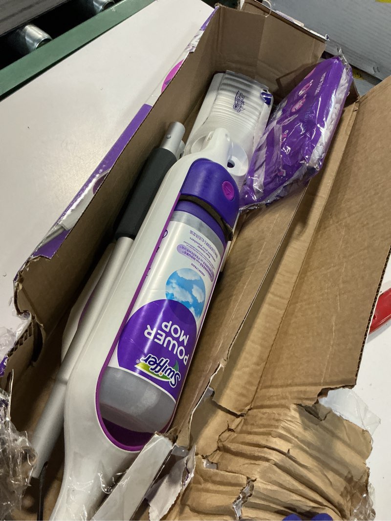 Condition photo showing Good Condition for swiffer powermop multi-surface mop kit for floor cleaning, fresh scent, mopping kit includes powermop, 2 mopping pad refills, 1 floor cleaning solution with fresh scent and 2 batteries purple and white