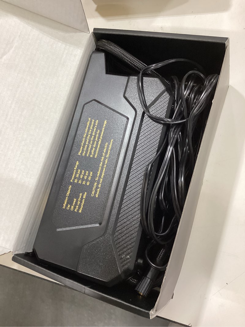 Condition photo showing New/Like New for 150 psi tire inflator portable air compressor, 12v dc auto shutoff air pump with digital pressure gauge and emergency led light for car tires, bicycle & balloons, black