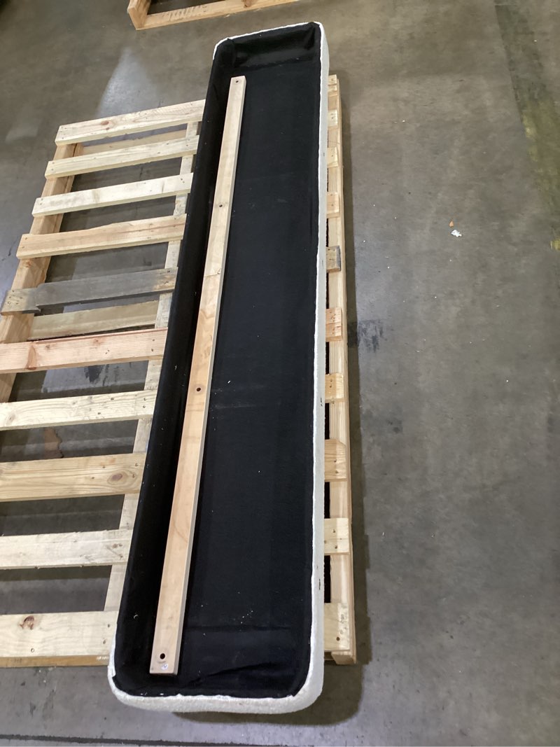 Condition photo showing As Is for merax king size boucle platform bed with thick headboard and footboard, block style upholstery floor bed frame, white king white