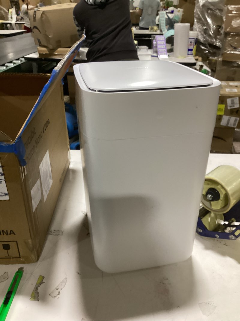 Condition photo showing As Is for (similar to )airdeer automatic trash can, 4 gallon self sealing and self-changing smart trash can, motion sensor, touchless garbage can with lid for kitchen bathroom bedroom office, 6 refill rings(a1, white) 4.0 gallon-white line