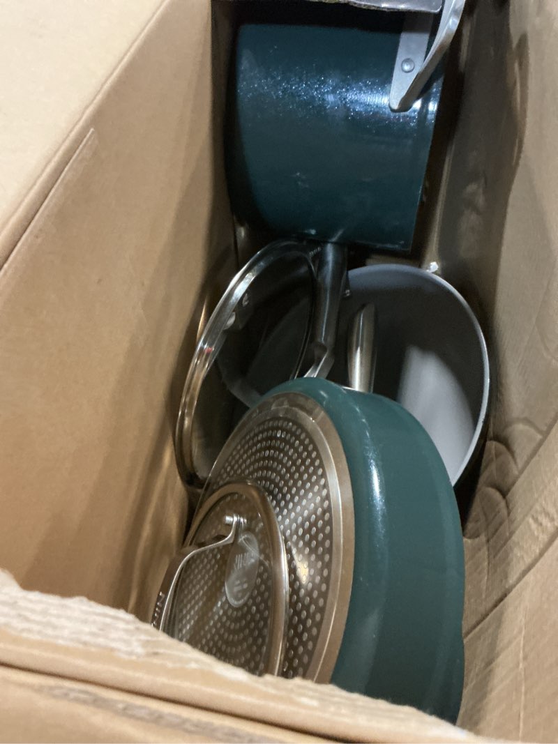 Condition photo showing As Is for ninja ceramic pro 7pc cookware set, nonstick pots & pans set with glass lids, nontoxic, ptfe free, ceramic coated, oven safe, all stovetops & induction compatible, british racing green, cw39007gn green 7 pc
