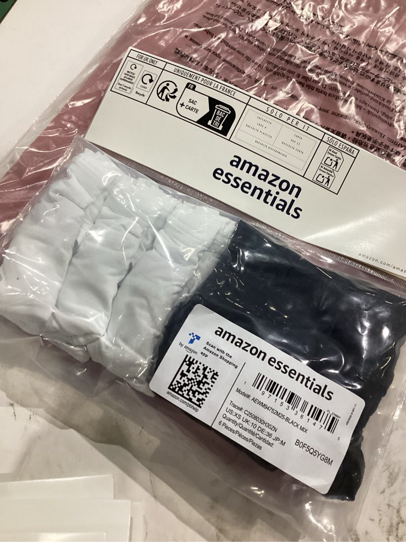 Condition photo showing New/Like New for Amazon Essentials Womens Peached Microfiber Bikini Panty X-Small Black/White