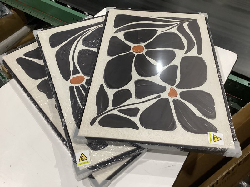 Condition photo showing New/Like New for framed black and white abstract wall art, 3 piece black boho floral botanical canvas prints painting for living room, mid century modern flower artwork for bedroom hallway office home decor, 16x24 16" w x 24" h x 3pcs black and white