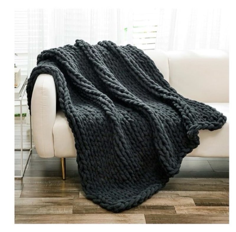 YAAPSU Chunky Knit Throw Blanket for Couch, 51"x63", 100% Hand Knitted Thick Cable Knit with Cozy Jumbo Chenille Yarn, Soft Large Rope Knot Crochet Blankets for Sofa Bed Living Room Décor, Black Grey