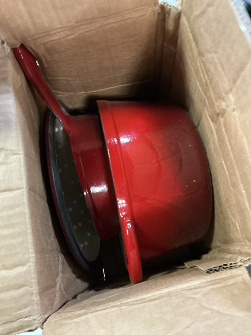Condition photo showing Good Condition for hisencn enameled cast iron cookware set - 2 pc set of 5.5qt dutch ovens, 2qt sauce pan, dutch oven set, ceramic coated cast iron, heavy duty, gas/induction compatible,red