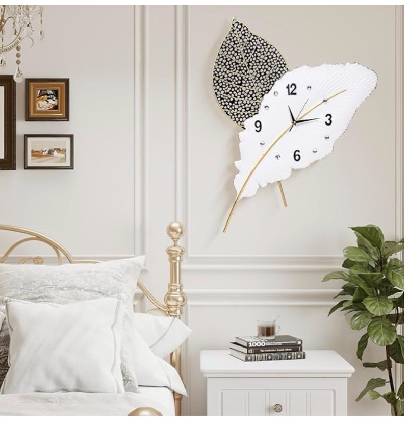 18x27 inch large modern feather leaf shape wall clock for living room decor, white unique silent decorative art clock for home bedroom office dining kitchen