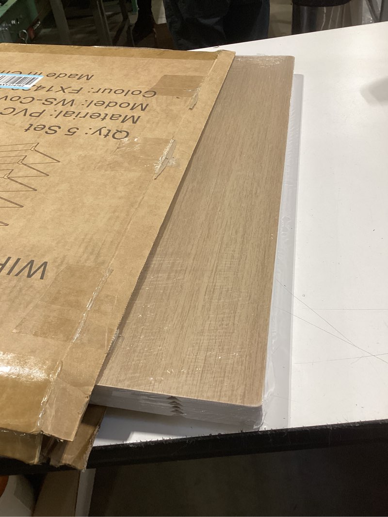Condition photo showing Good Condition for 5-pack wire rack covers, pvc wood-look shelf liners, moisture-resistant & durable, shelf covers for wire shelving, suitable for pantry, kitchen, closet, original wood (24x12x2.3in)